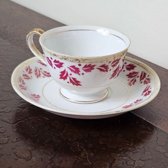 Ucagco China Vintage Tea Cup Saucer Set Pink Foliage Leaf Design Occupied Japan - Picture 4 of 11